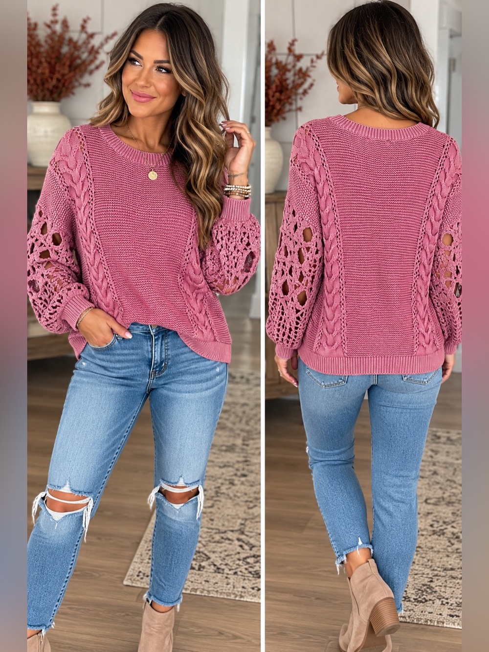 NWT Fate Pink Open-Stitch Cable Knit Sweater size Large